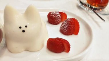 Lezzetli beyaz Japon tatlısı, kedi şeklinde puding, çilek ve meyve soslu bir tabakta.