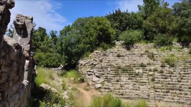 Eski şehrin eski harabe amfi tiyatrosu, taş duvarlar ve yeşil bitki örtüsüyle