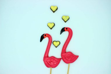 İki flamingo şekilli lolipop pembe şeker.