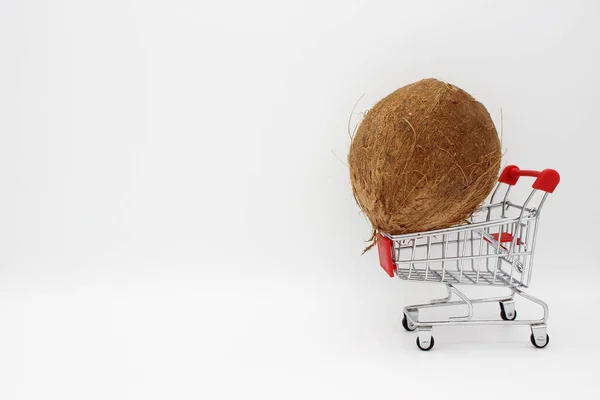 Coconut Metal Shopping Cart White Background — 스톡 사진