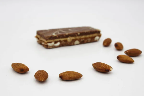 Almond Chocolate Bar Almonds White Background Selective Focus — Stock Photo, Image