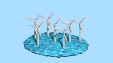 Suda çalışan bir dizi rüzgar türbininin 3 boyutlu çizimi. Yeşil, yenilenebilir ve offshore enerji kavramı.