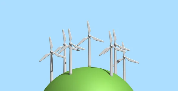 Иллюстрация Набора Ветряных Турбин Зеленой Полусфере Концепция Чистой Зеленой Устойчивой — стоковое фото