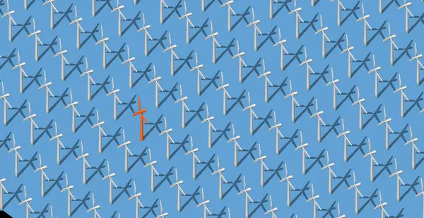 Rüzgâr türbinlerinin oluşturduğu ve aralarında farklı bir modelin olduğu üç boyutlu bir çizim. Yeşil ve yenilenebilir enerji kavramı.