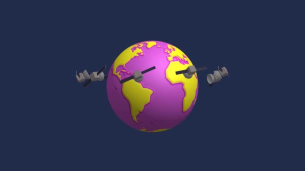 Rörlig Illustration Sällsynt Version Planeten Jorden Roterande Omgiven Uppsättning Satelliter — Stockvideo