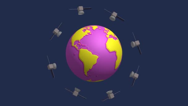 一連の衛星に囲まれて回転する惑星地球のまれなバージョンの動きのイラスト コミュニケーションとグローバル化の概念 — ストック動画