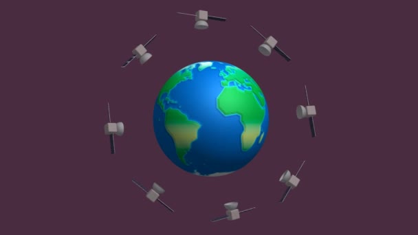 Ilustração Movimento Planeta Terra Girando Rodeado Por Conjunto Satélites Conceito — Vídeo de Stock