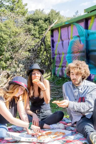 Group of multi-ethnic youth during a picnic in the countryside to eat pizza - South American Venezuelan Indian woman, Italian man and Austrian woman