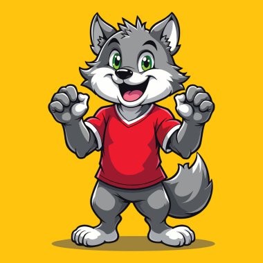 Neşeli çizgi film kurt maskotu zaferi kutluyor..