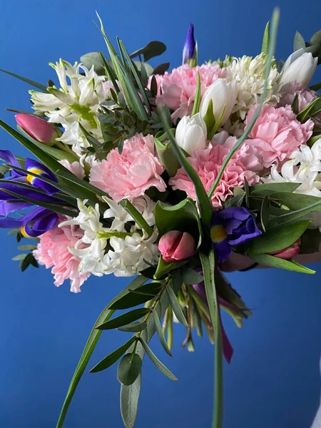 Beautiful Bouquet Pink White Tulips Hyacinths Irises Fluffy Carnations Green — Stock Photo, Image