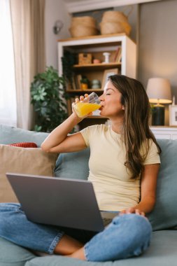 Dizüstü bilgisayarda çalışırken meyve suyu içen kadın 
