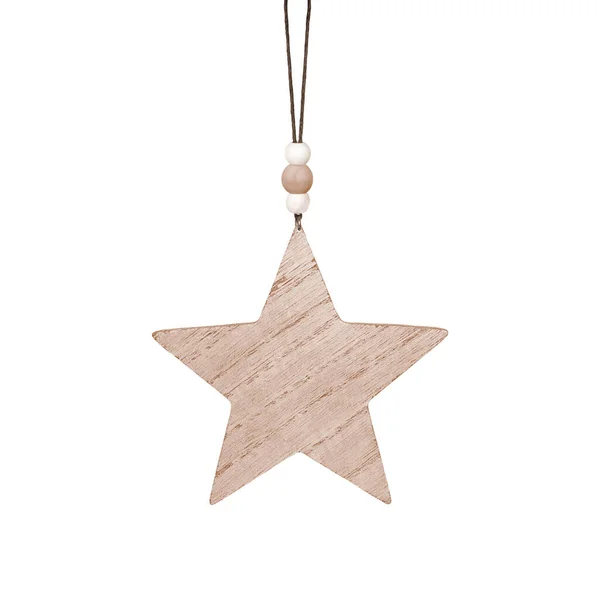 Estrella Madera Marrón Colgante Adorno Navidad Aislado Sobre Fondo Blanco — Foto de Stock