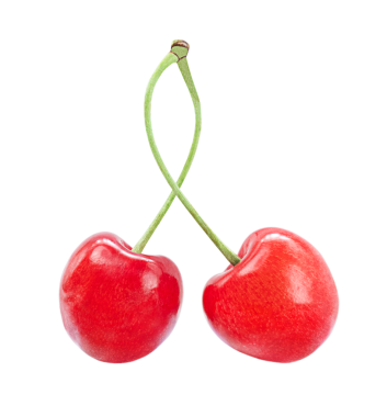 Şeffaf arkaplanda izole edilmiş bir çift tatlı kiraz.