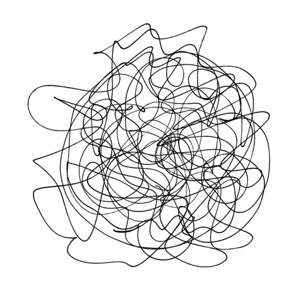 Soyut kaotik karalama, beyaz arka planda siyah mürekkeple izole edilmiş. El çizimi karışık çizgiler dairesel ve enerjik bir kompozisyon oluşturur. Stok illüstrasyonu.