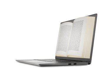 Dizüstü bilgisayarda gösterilen ve beyaz arkaplanda izole edilmiş kitabı aç. Stok fotoğrafı