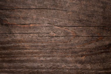 Görünür tahılları, çatlakları ve doğal kusurları olan eski ahşap tahtalar. Kırsal kahverengi yüzey organik ve dokulu bir arka plan sağlar. Stok fotoğrafı.