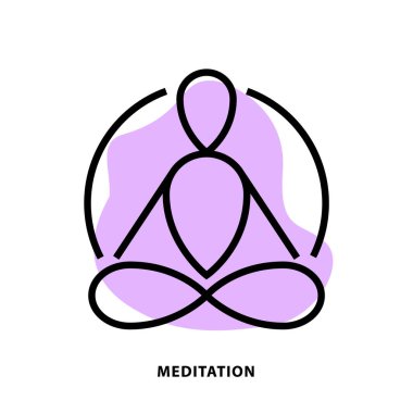 Meditasyon, uygulama veya web tasarım şablonu için doğrusal simge tasarımı oluşturur. Leke şeklinde arkaplanı olan vektör yoga çizgisi simgesi.
