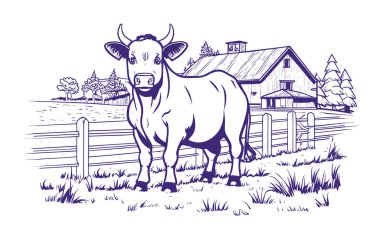 Şirin inek çiftlikteki çitin yanında duruyor. Renklendirme sayfaları için çiftlik vektörü doğrusal illüstrasyonunda büyük inek.