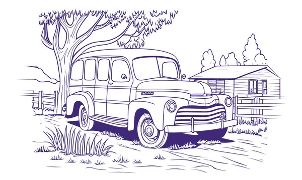 Старий Ретро Автомобіль Біля Ферми Векторні Лінійні Ілюстрації Розмальовок Ліцензійні Стокові Вектори