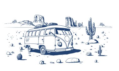 Retro Hippie VAN near near a desert landscape with cactus. Vector line sketch illustration. clipart