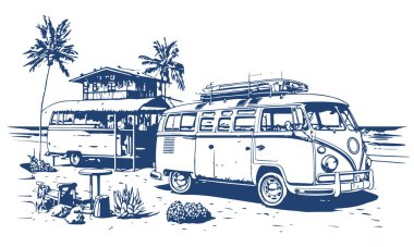 Deniz ve sahil barı yakınlarında Retro Hippi Minibüsü. Vektör çizgisi çizimi.