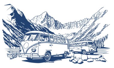Dağ manzarasının yakınındaki Retro Hippi Minibüsü. Vektör çizgisi çizimi.