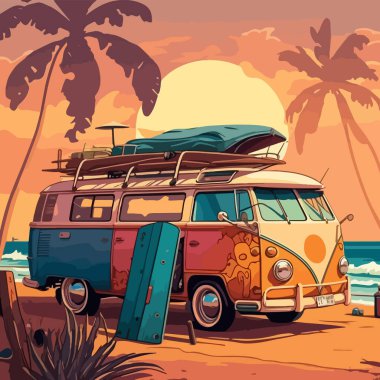 Summer travel adventure with retro hippie VAN by the sea on the background of the sunset. Vector flat illustration. clipart