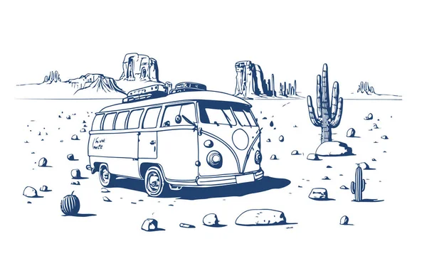 Retro Hippie Van Perto Uma Paisagem Desértica Com Cacto Desenho — Vetor de Stock