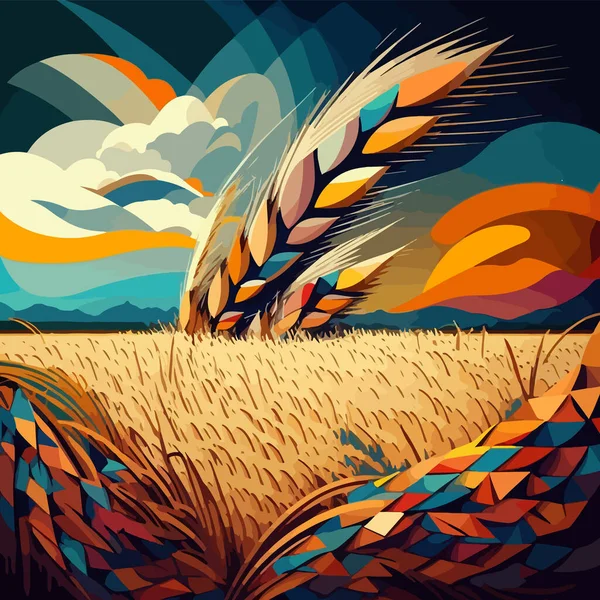 Harvest Abstract Composition Big Spike Yellow Wheat Field Sky — Stock Vector