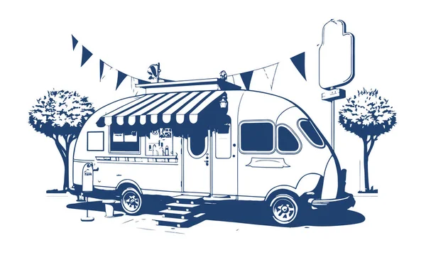Ônibus Street Food Truck Desenho Monocromático Vetorial Caminhão Fast Food — Vetor de Stock