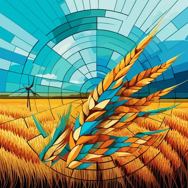 Сбор Абстрактной Композиции Большим Шипом Желтым Пшеничным Полем Против Неба Векторная Графика