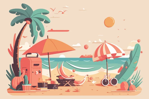 Sommerferienbanner Tropischer Strand Mit Wertvollen Gegenständen Taschen Sonnenschirmen Horizontale Flache Stockvektor