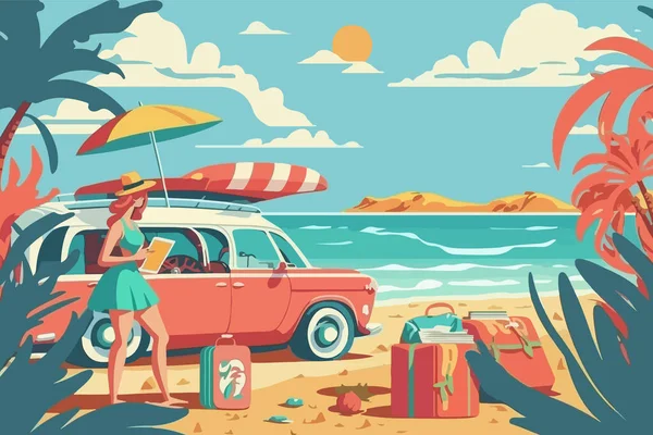 Дівчина Книгою Пляжі Біля Ретро Автомобіля Сумками Відпочинку Літні Канікули Стокова Ілюстрація