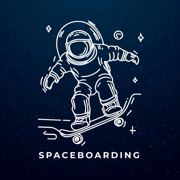 星空スケートボーダー スケートボード上の未来の宇宙飛行士 宇宙飛行士の線画スケートボードの外側の深宇宙 — ストックベクタ