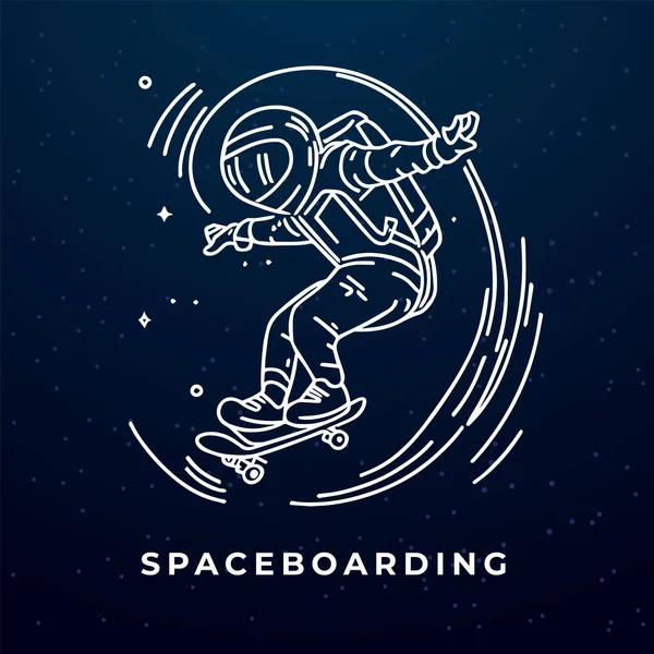 重力ゼロのスリル 宇宙飛行士宇宙でスケートボード 宇宙飛行士の線画スケートボードの外側の深宇宙 — ストックベクタ