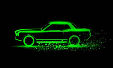 Yeşil neon retro araba ve parçacıklar. Siyah arka planda parıldayan eski bir araba, yan görüş. Vektör illüstrasyonu.