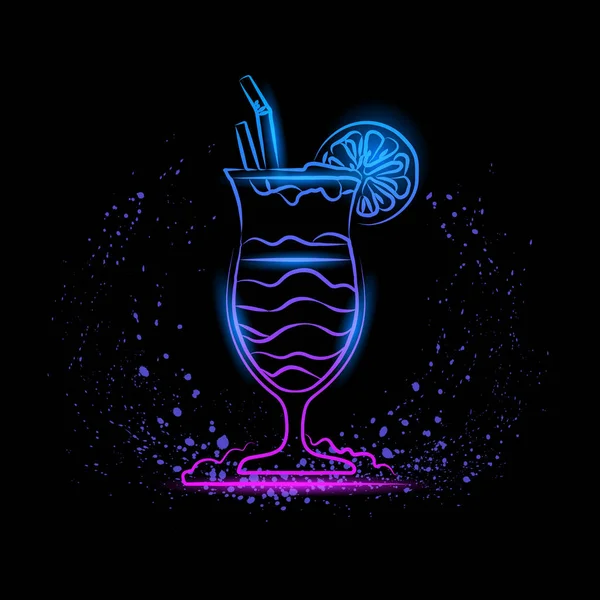Неоновий Лінійний Логотип Коктейлю Чорному Тлі Синій Фіолетовий Неоновий Бар — стоковий вектор