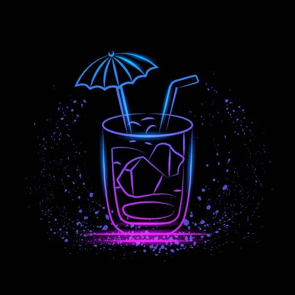 Neon Linear Cocktail Logo Black Background Blue Purple Neon Bar — Stock Vector