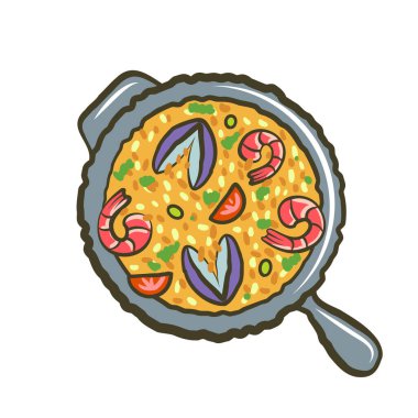 Pan Icon 'daki Paella. Geleneksel İspanyol paella karides, midye, ıstakoz, sebze. Menü ve poster için vektör illüstrasyonu.