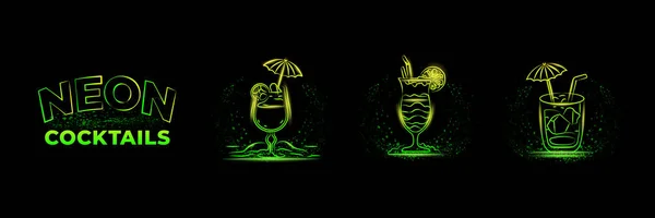 Gröna Neon Linjära Cocktails Ikoner Som Svart Bakgrund Neon Bar — Stock vektor