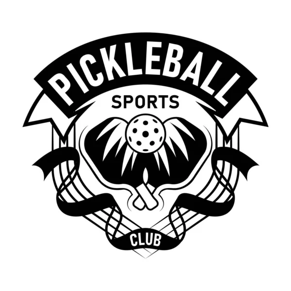 Pickleball Sport Emblem Schwarz Weiß Vektorillustration Mit Zwei Pickleball Paddeln Stockillustration