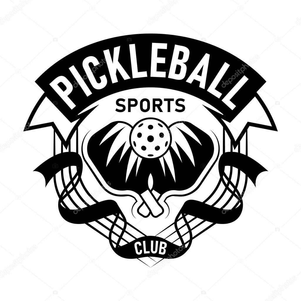 Pickleball Sport Emblem. Black and White Vector Illustration of with two pickleball paddles and Ball for Sports Enthusiasts.