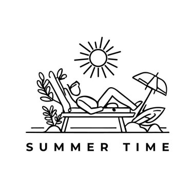Sahilde Güneşlenen Adam: Güverte Sandalyesinde Rahatlatıcı Bir Anın Doğrusal İllüstrasyonu. Sun and Beach Vibes 'ın tadını çıkar. Vektör Sanatı.