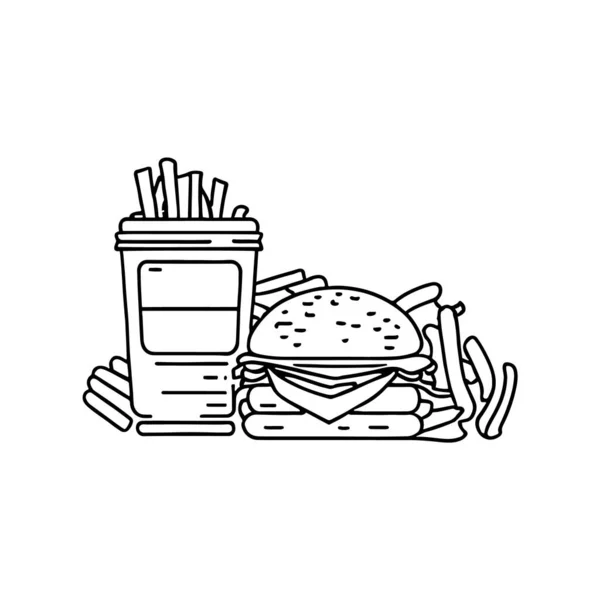 Fast Food Icon Linear Illustration Burger Fries Drink Inglés Logo — Vector de stock