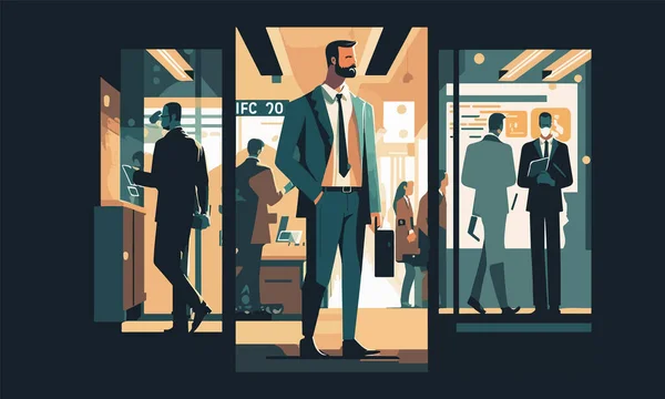 オフィスの入り口 忙しい職場の入り口に立つスーツの男のフラットベクトルイラスト 仕事に従事する人々との専門的な環境 モダンでスタイリッシュなデザイン — ストックベクタ