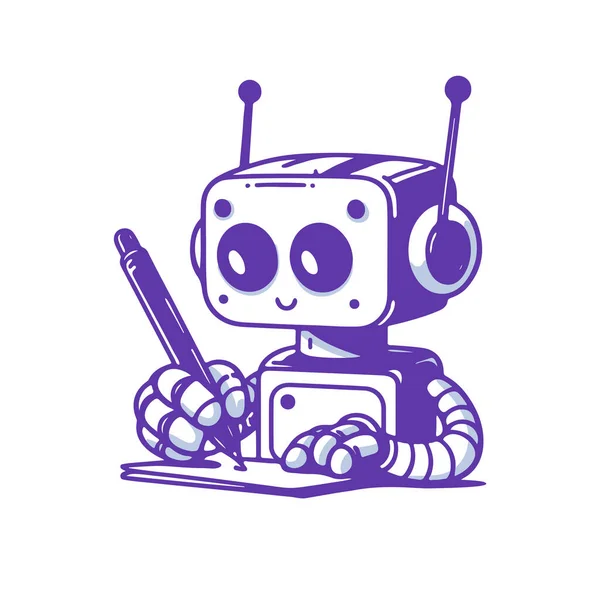 Cute Robot Writing Pen Paper Ilustración Vectorial Monocromática Sobre Fondo Vectores de stock libres de derechos