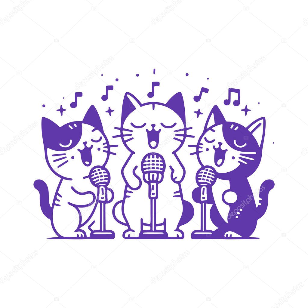 Three Cats Singing into Microphones. Vector Monochrome Illustration on White Background.