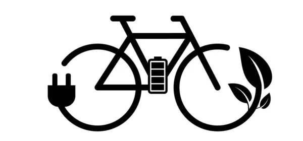 電動バイクのための漫画充電ポイントケーブルバッテリーステーション 自転車 プラグとバイオ エコグリーン電力 ベクトルスポーツのシンボルまたはロゴ サイクリスト ライディング 市内のE Bike — ストックベクタ