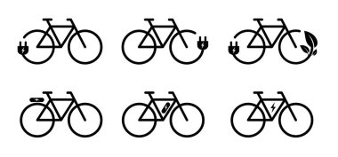 Elektrikli bisiklet. Elektrikli bisiklet için çizgi film şarj noktası akü istasyonu. Bisiklet, şarj, fiş ve biyoloji, eko yeşil güç. Vektör spor sembolü ya da logosu. Bisikletçilik. Şehir e-bisikleti.
