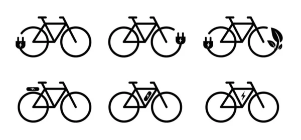 電動バイク 電動バイクのための漫画充電ポイントケーブルバッテリーステーション 自転車 プラグとバイオ エコグリーン電力 ベクトルスポーツのシンボルまたはロゴ サイクリスト ライディング Bike — ストックベクタ
